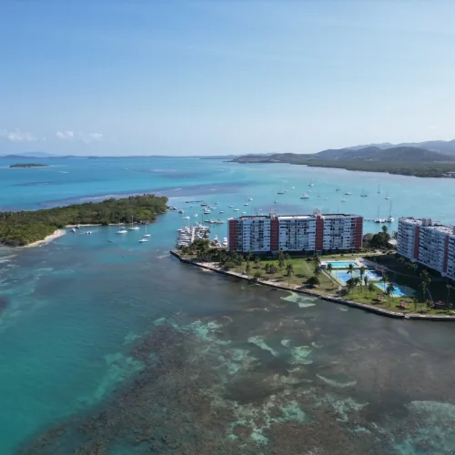 Isleta Marina surrounded by turquoise water in Fajardo